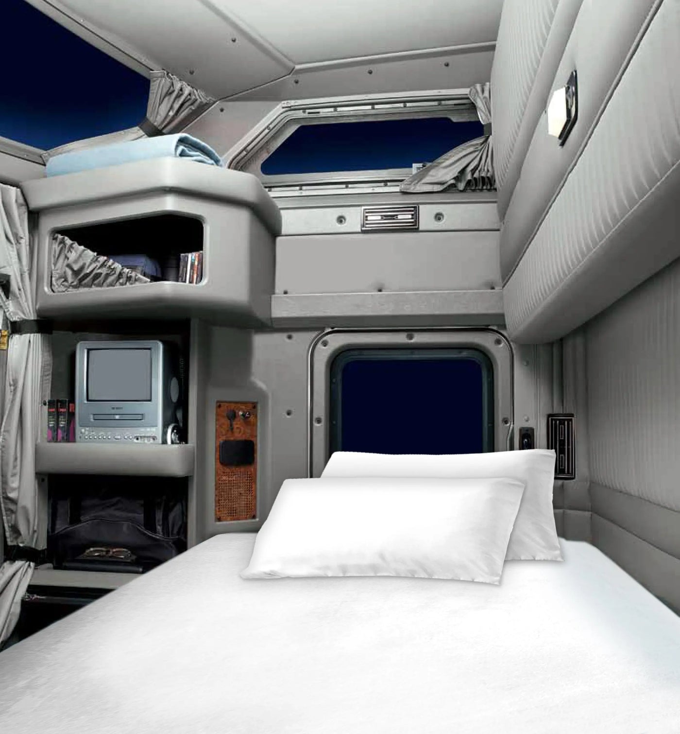 White bed sheets fits semi truck, RV, and camper mattresses in assorted sizes