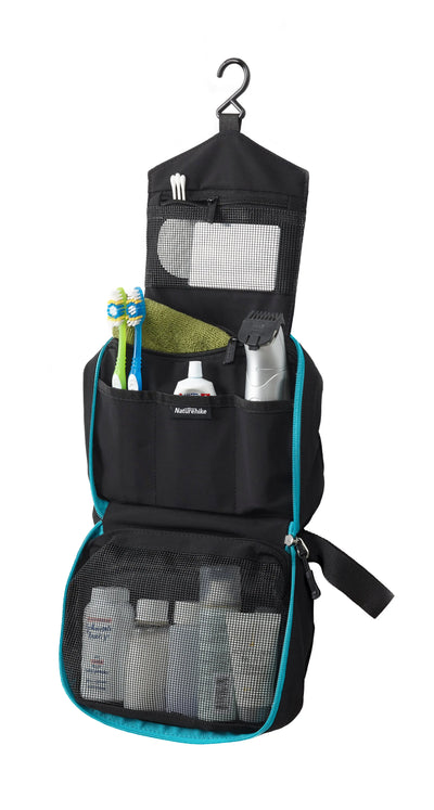 Durable hanging toiletry bag fits semi truck and RV interiors for organized travel